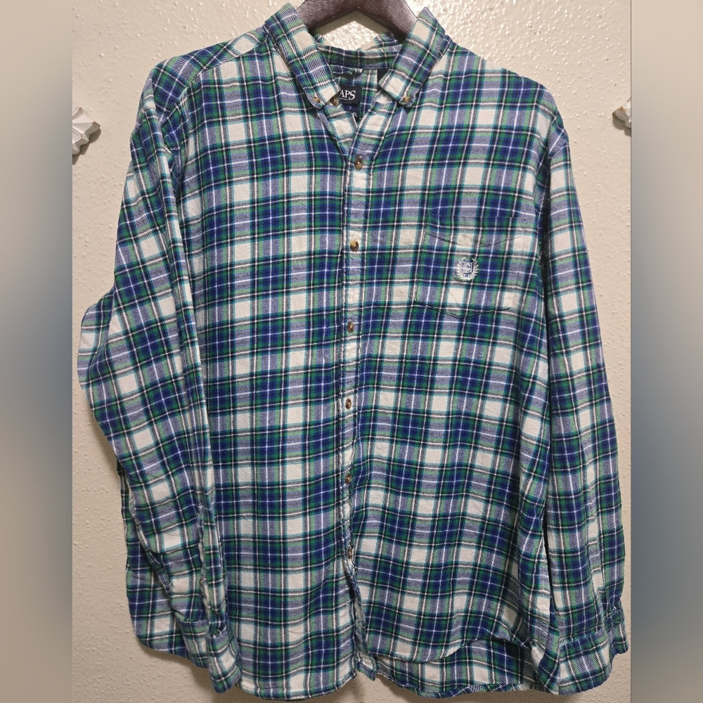 Chaps Cotton Flannel Button Up Shirt Mens 2XL Rustic Green Plaid Long Sleeve